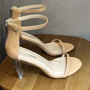 Fashion, nova, nude, see-through heel, zipper back, single strap, heels, size 8